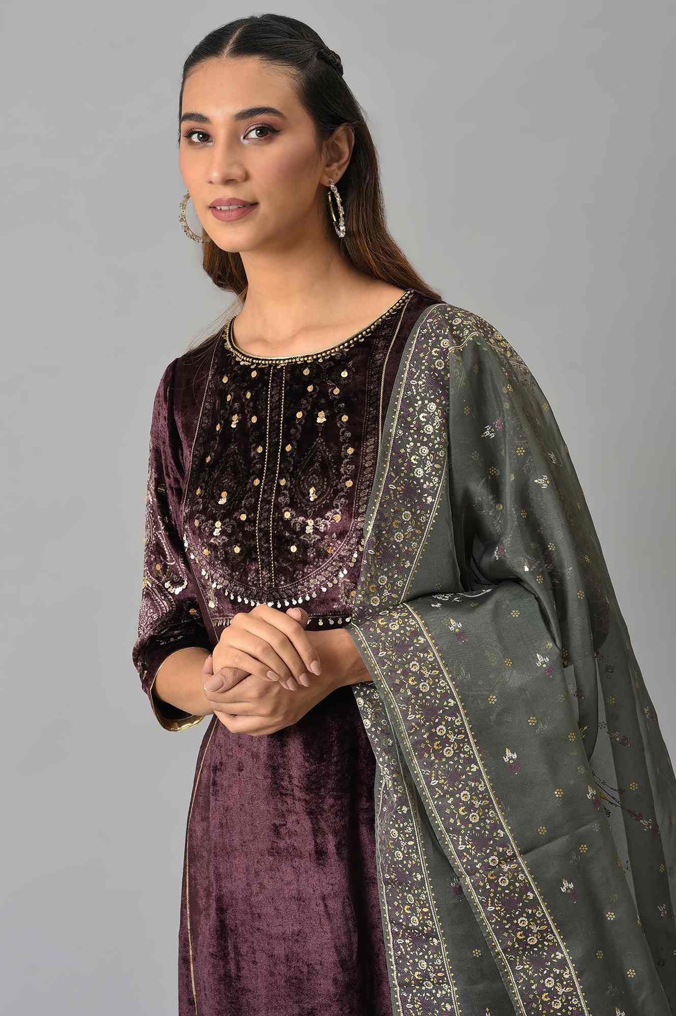 Dark Purple Velvet kurta With Grey Sharara And Dupatta