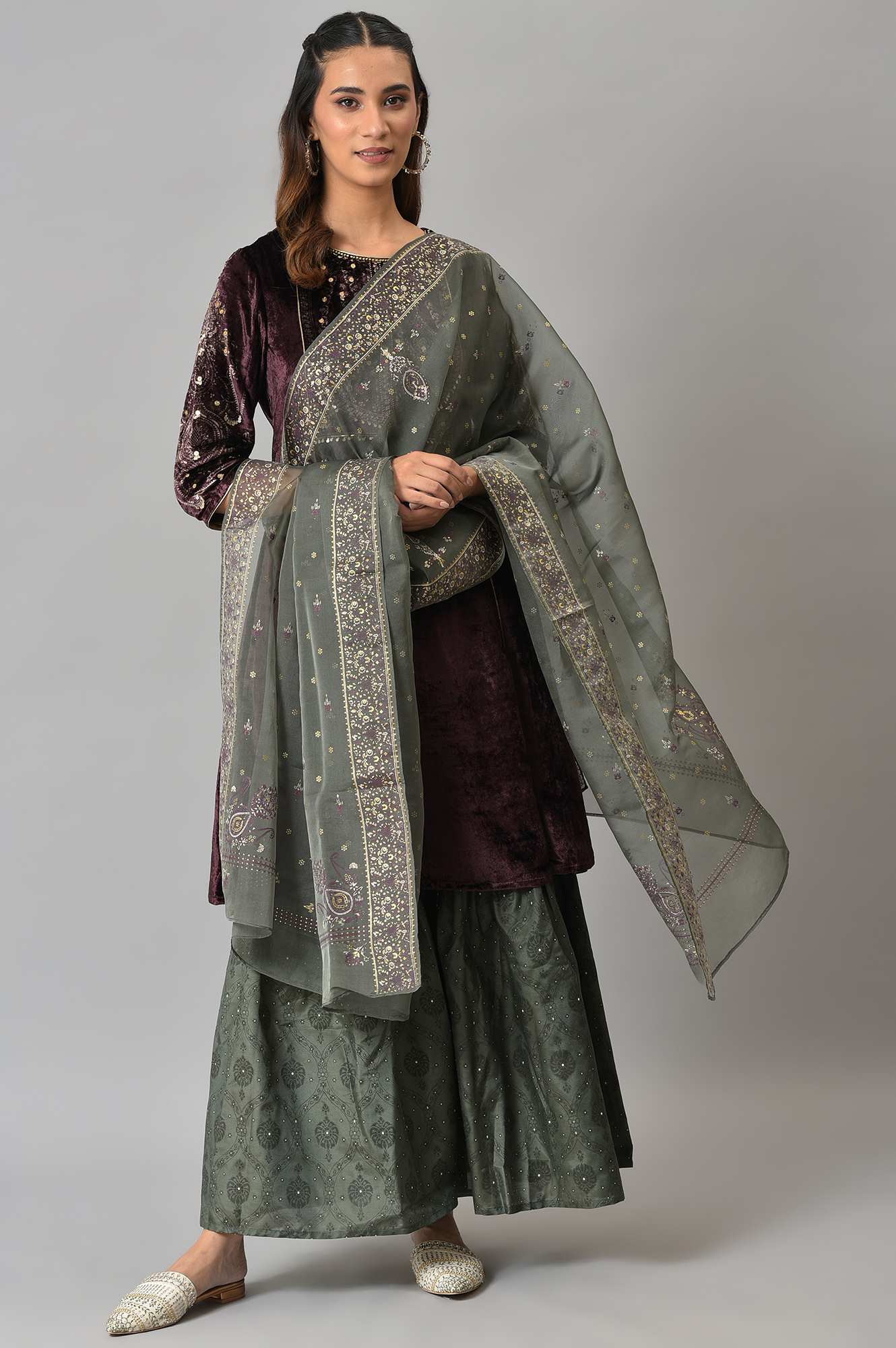 Dark Purple Velvet kurta With Grey Sharara And Dupatta