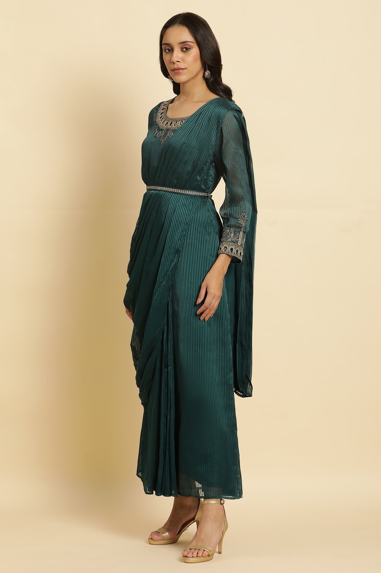 emerald green dress indian Emerald Green 2-Piece dark Green evening gown with Gold Lace Applique and Beaded Details