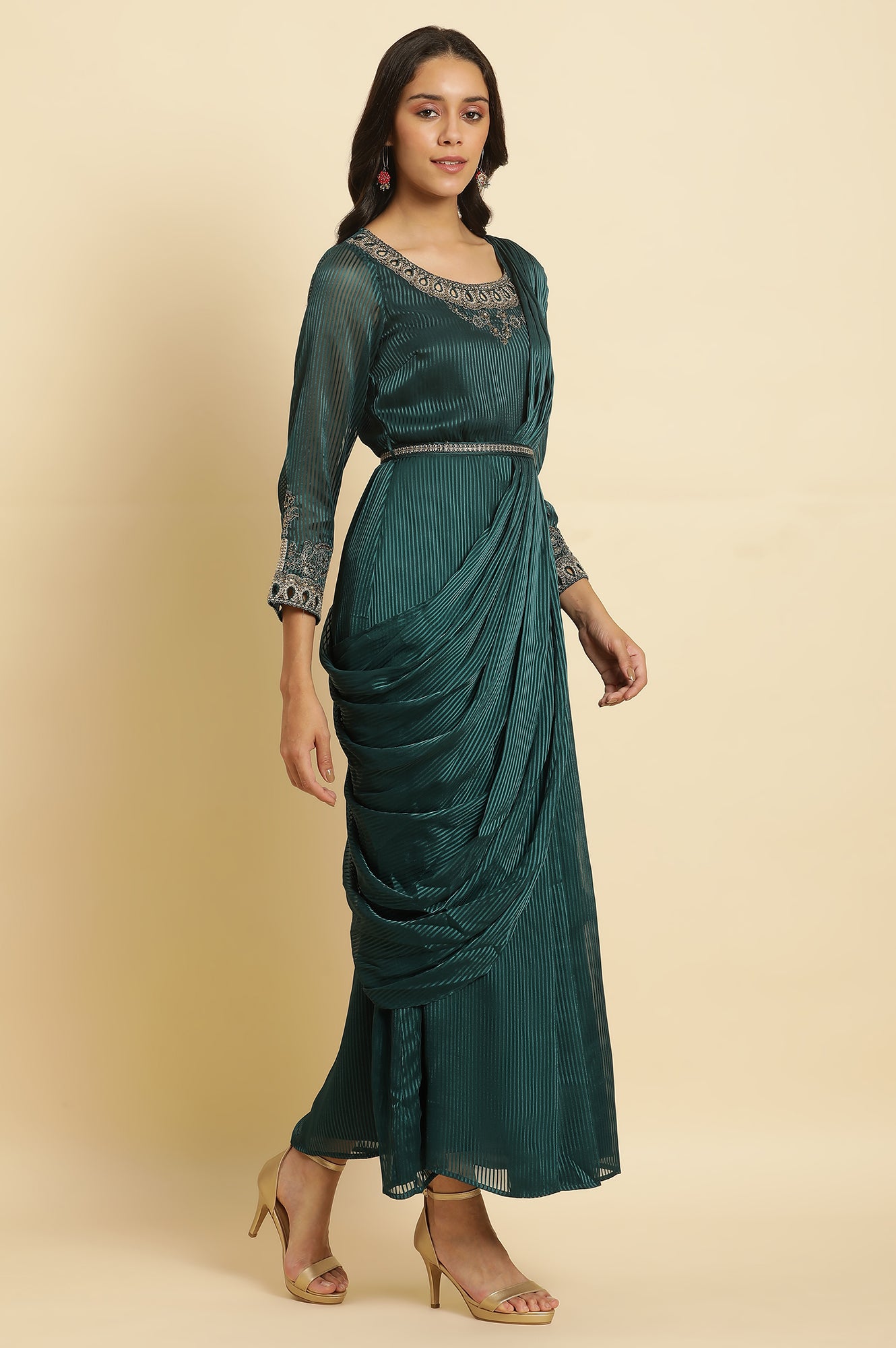 Green Embelloshed Predrape Saree Dress