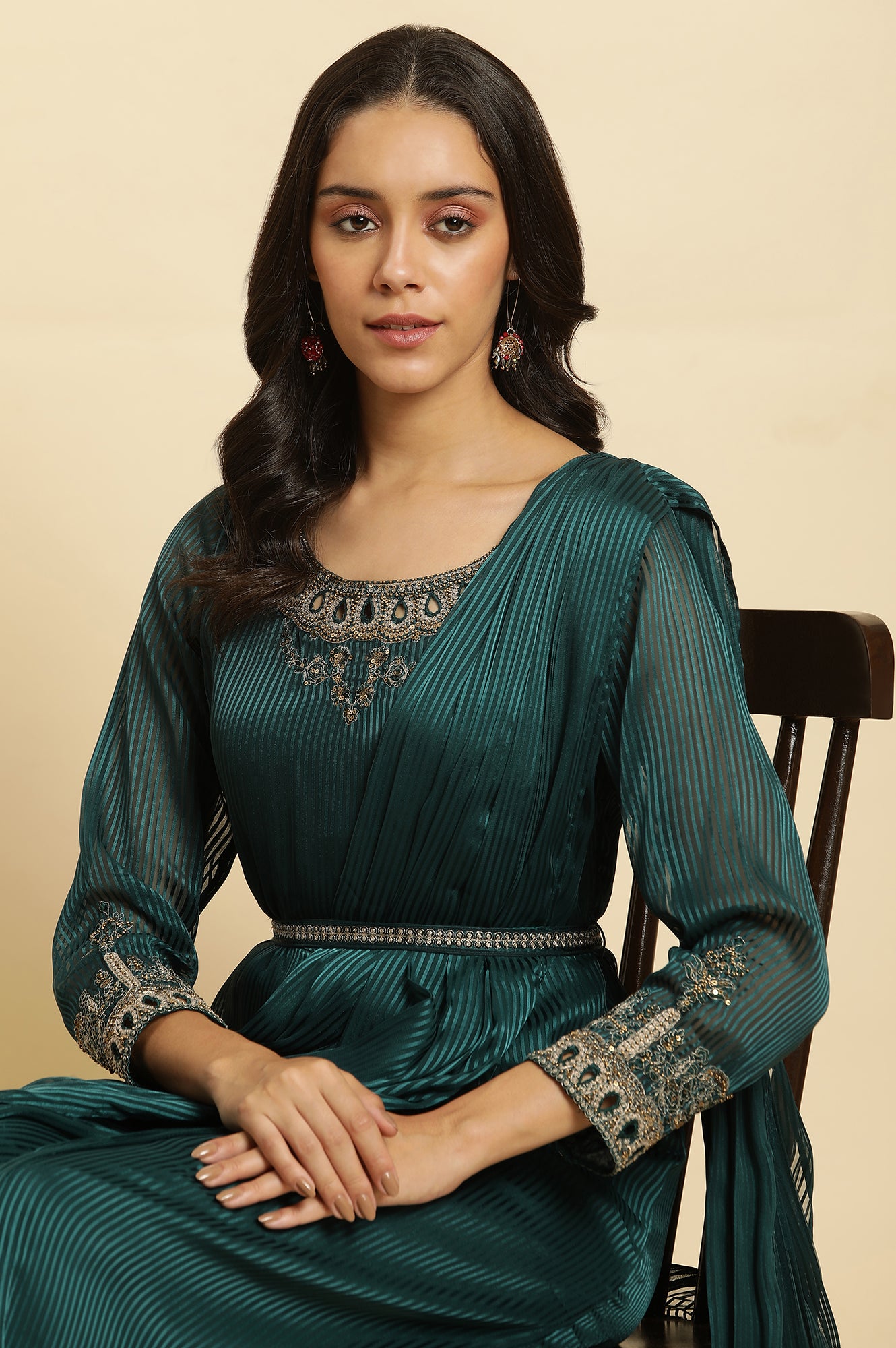 green saree dress Emerald Green Heavy Corset Draped Saree Set