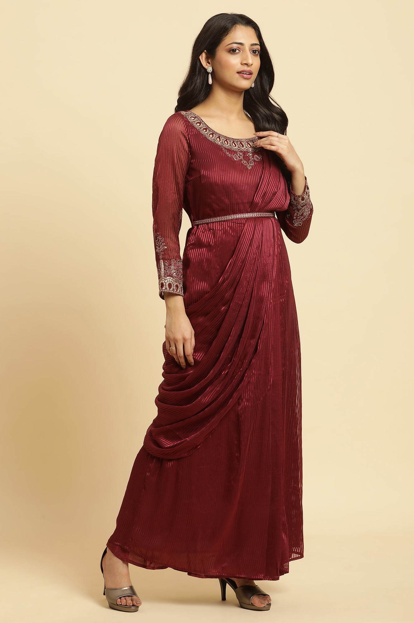 Maroon Jewelled Neck Pre-Drape Saree Dress