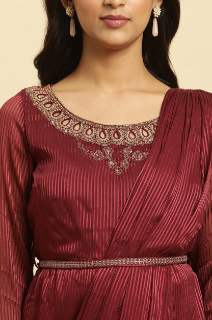 Maroon Jewelled Neck Pre-Drape Saree Dress