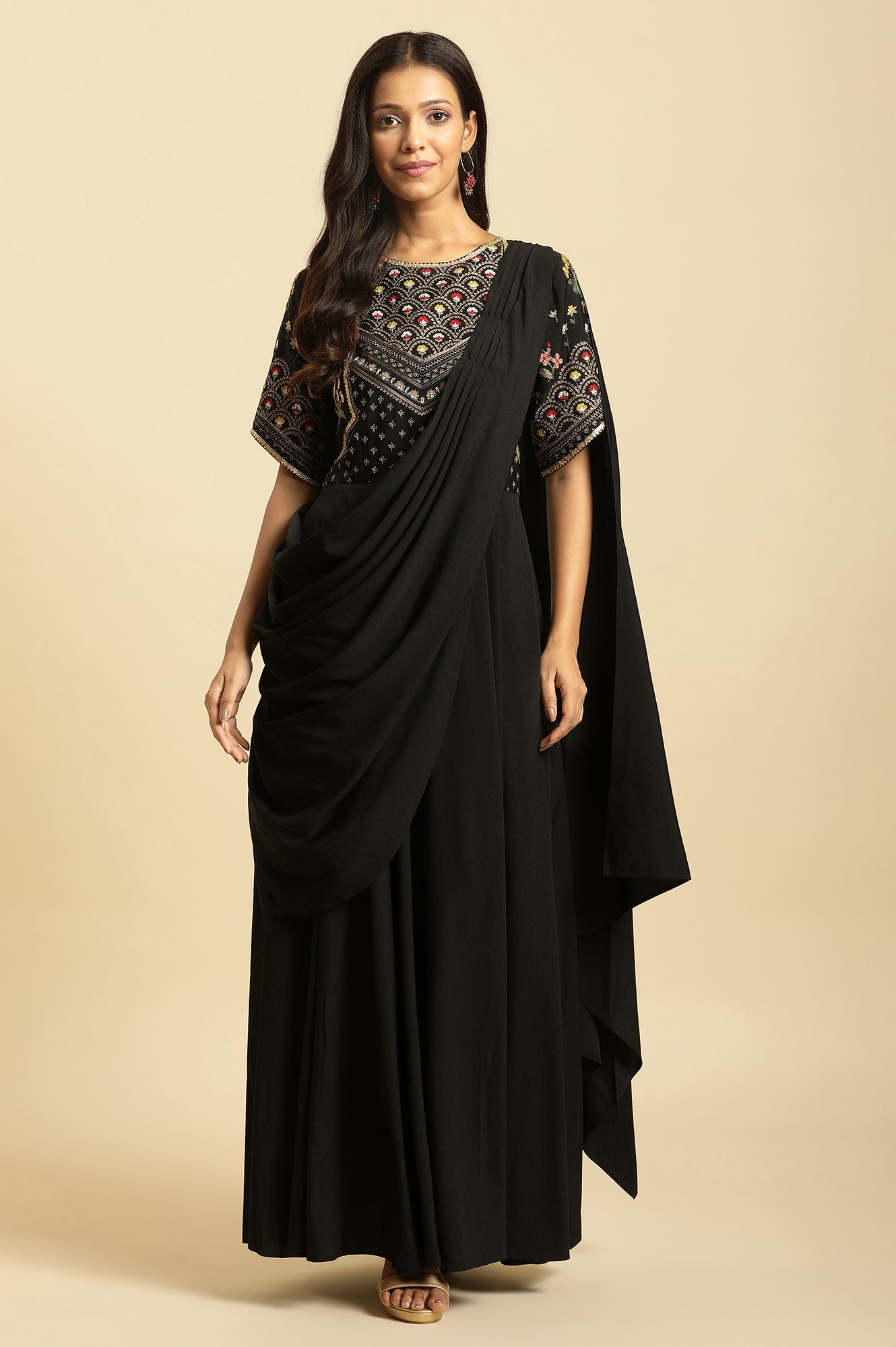 Black Predrape Sarre Dress With Multi-Coloured Embroidery