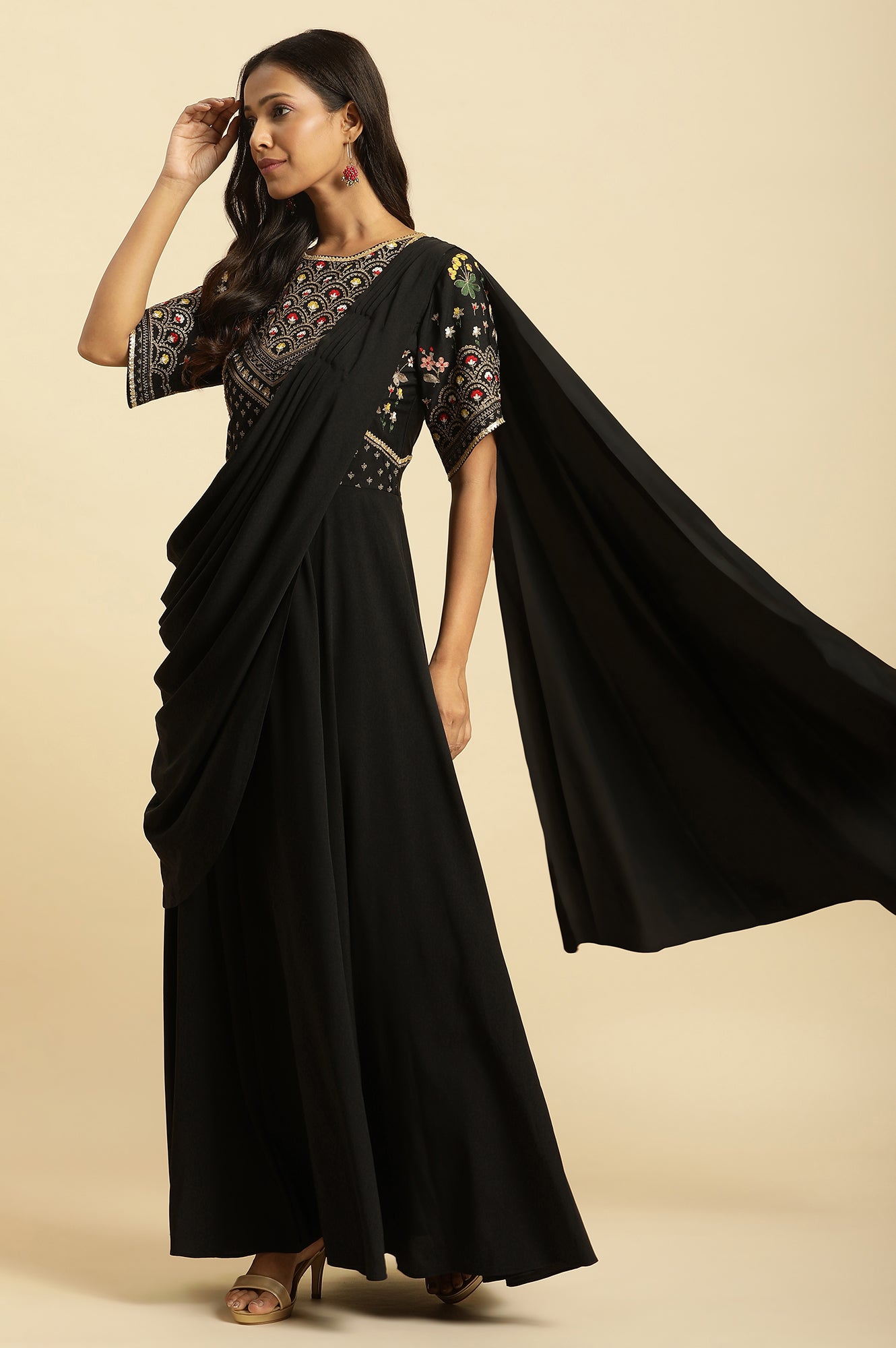 Black Predrape Sarre Dress With Multi-Coloured Embroidery