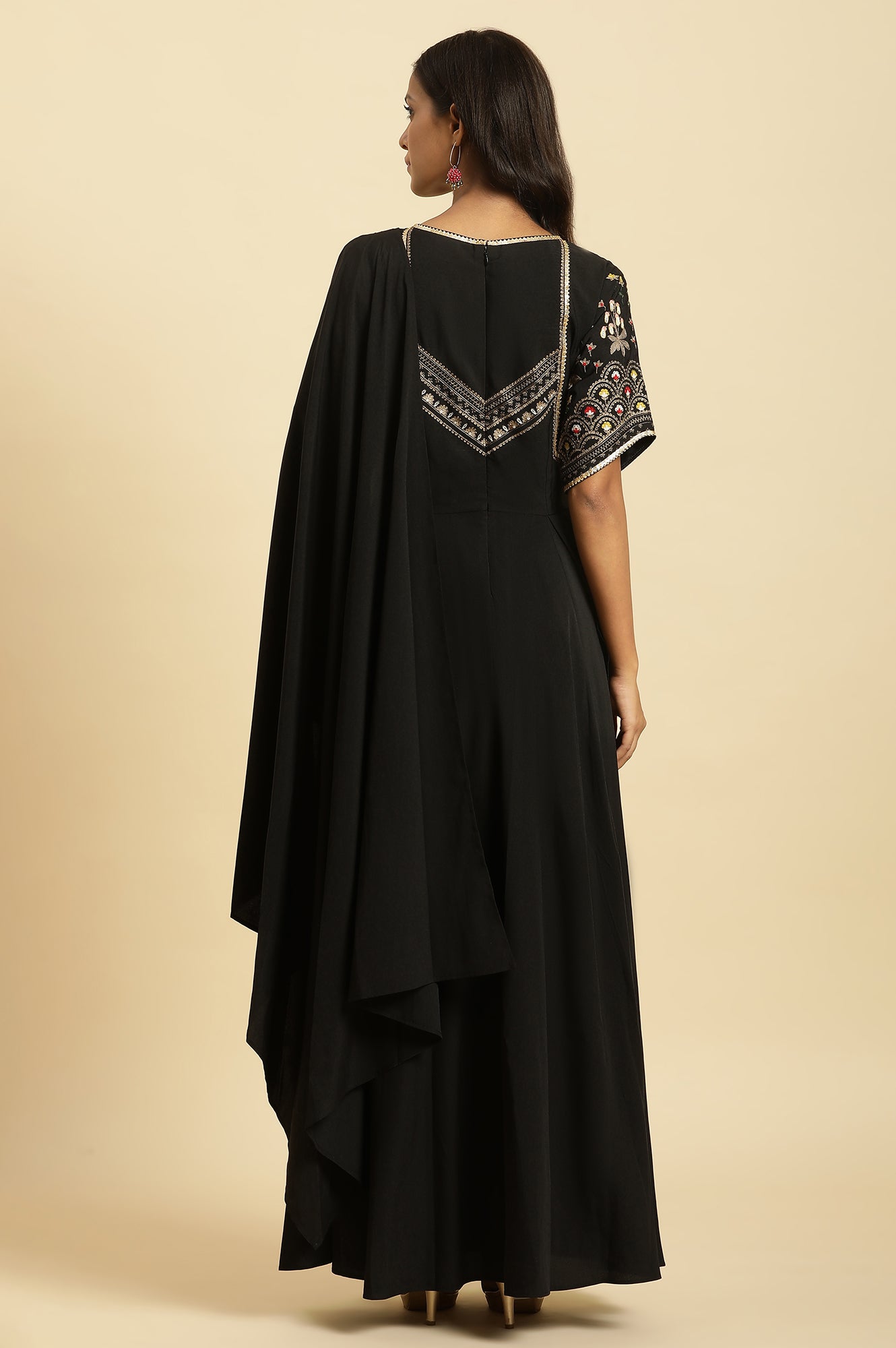 Black Predrape Sarre Dress With Multi-Coloured Embroidery