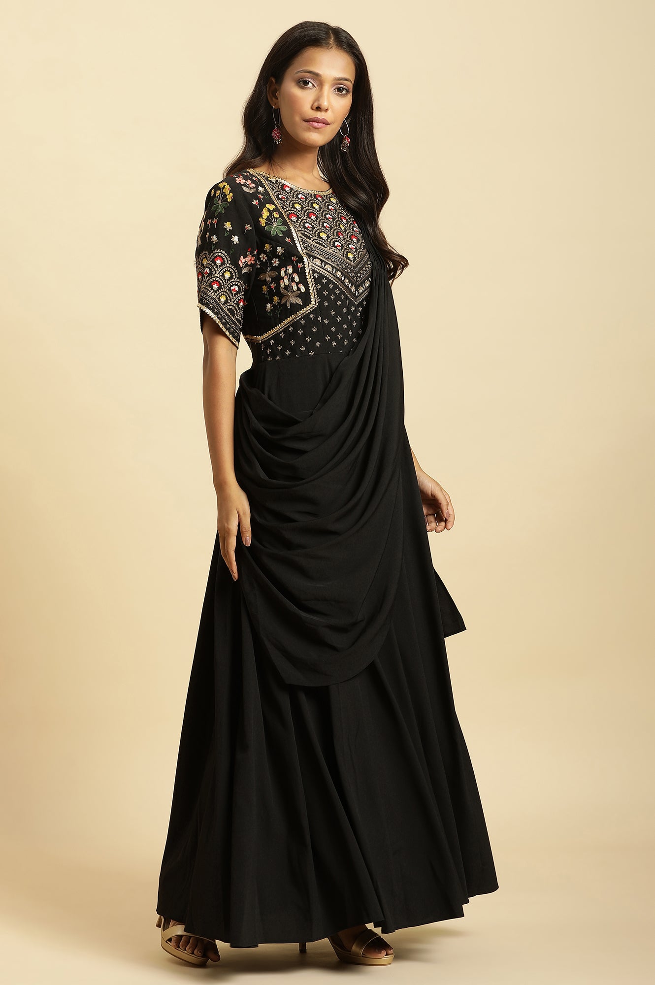 Black Predrape Sarre Dress With Multi-Coloured Embroidery