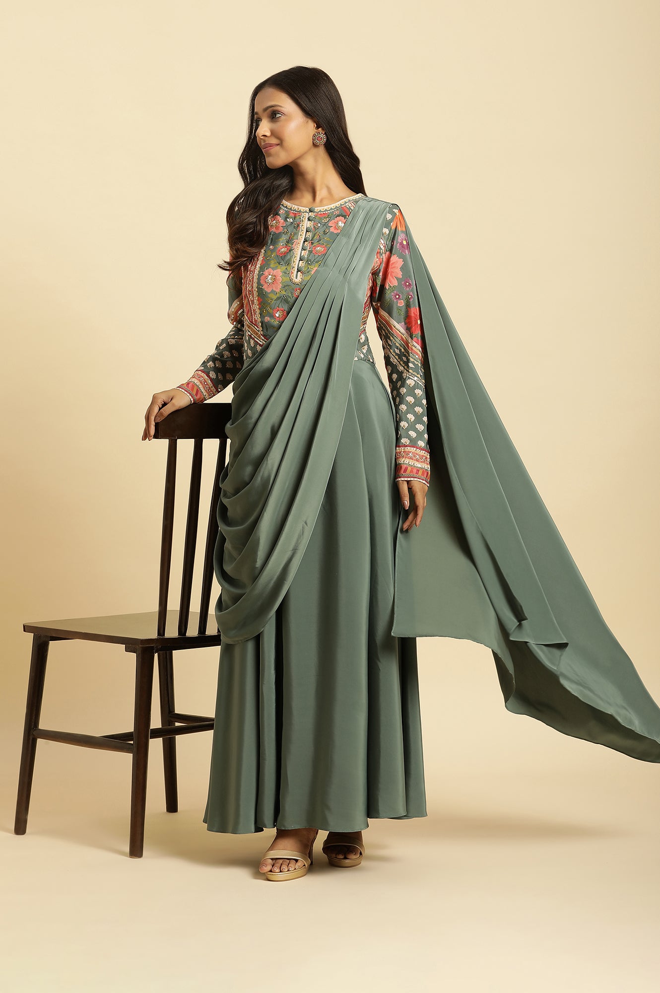 Green Predrape Saree Dress With Multi-Coloured Embellishement