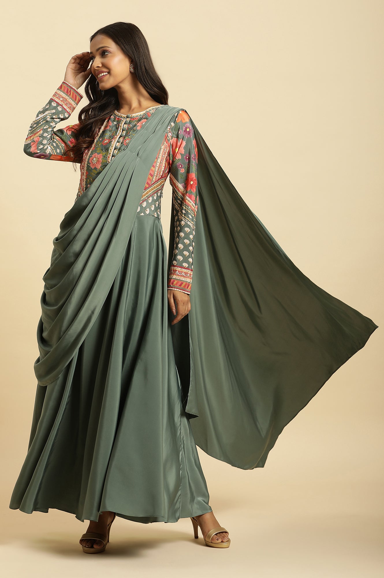 Green Predrape Saree Dress With Multi-Coloured Embellishement