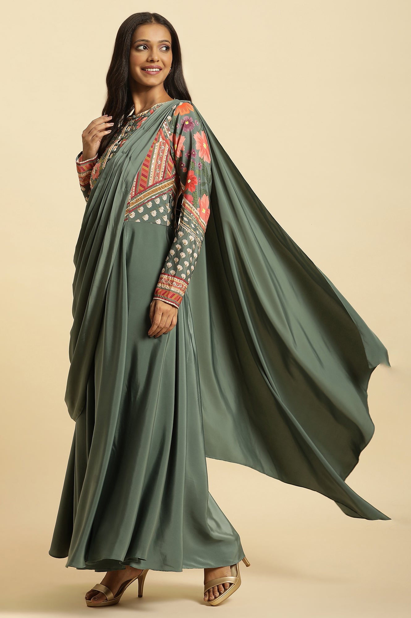 Green Predrape Saree Dress With Multi-Coloured Embellishement