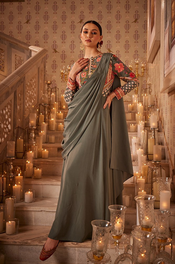 Green Predrape Saree Dress With Multi-Coloured Embellishement