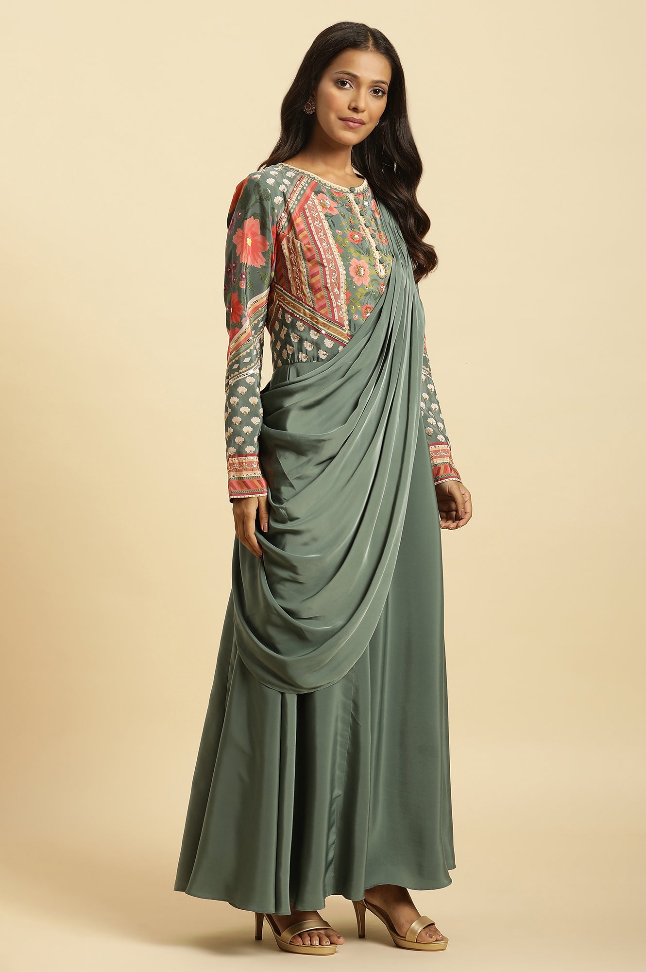 Green Predrape Saree Dress With Multi-Coloured Embellishement