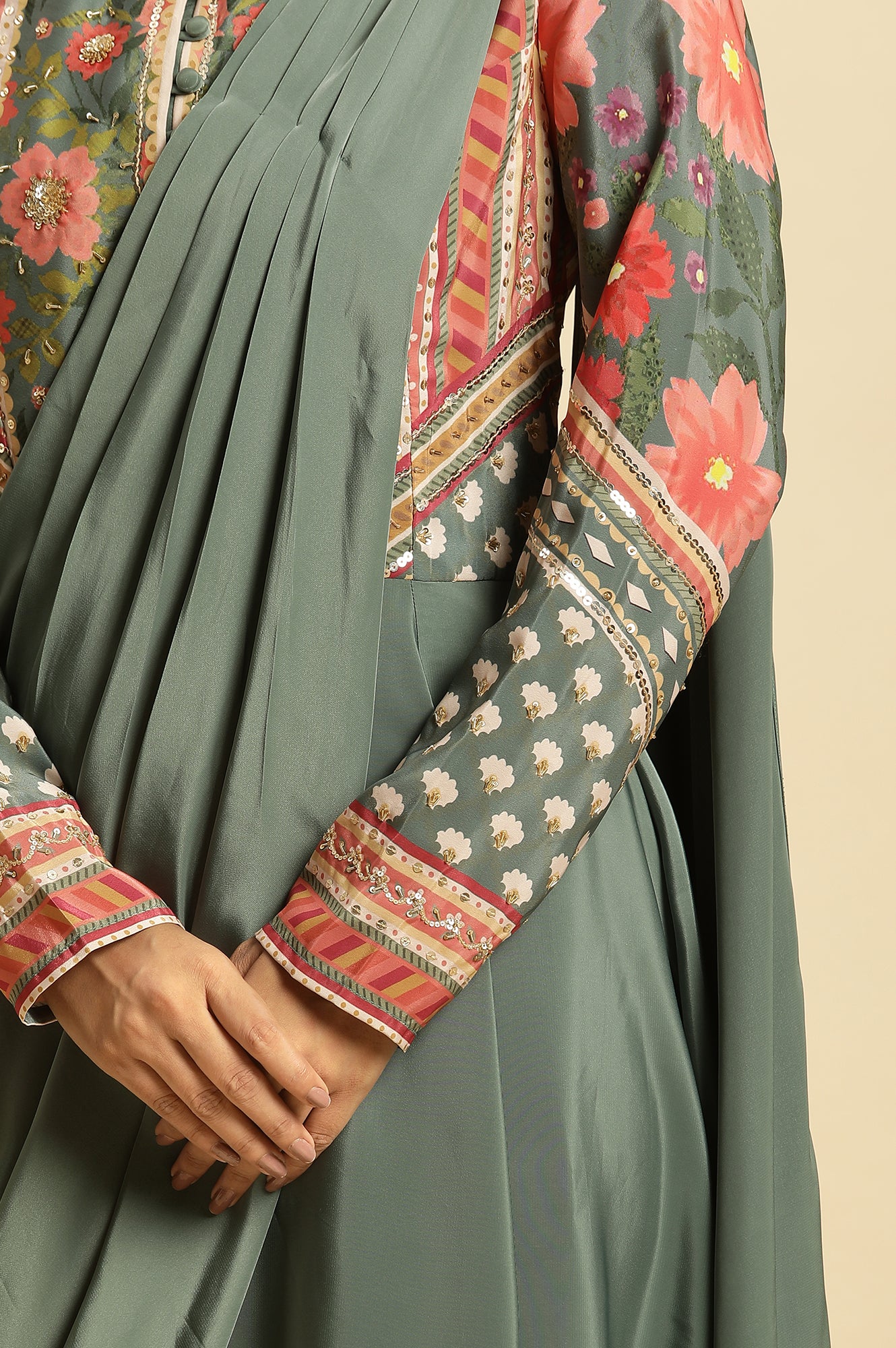 Green Predrape Saree Dress With Multi-Coloured Embellishement