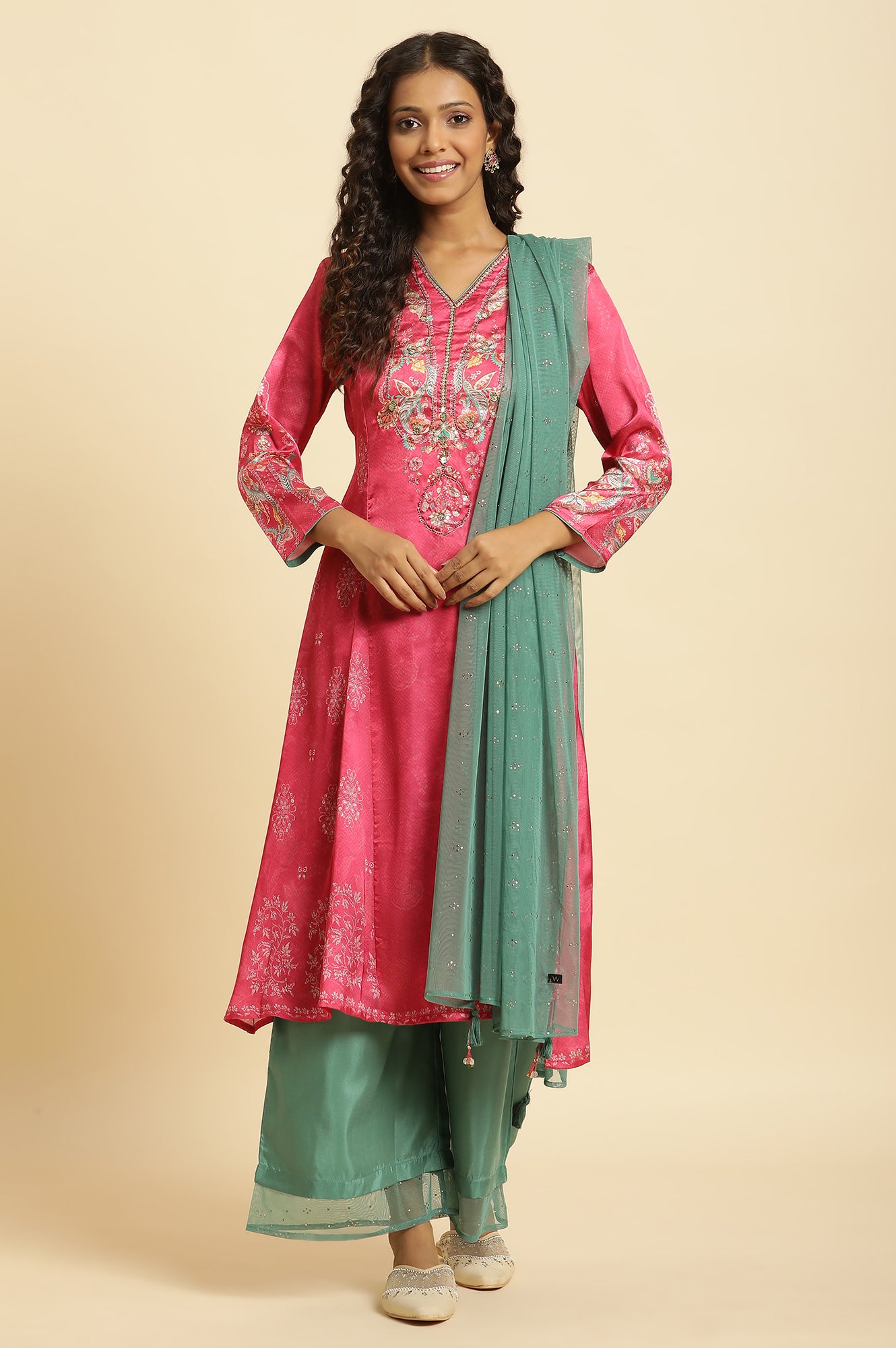 Pink Digital Printed Kurta, Pants And Dupatta Set