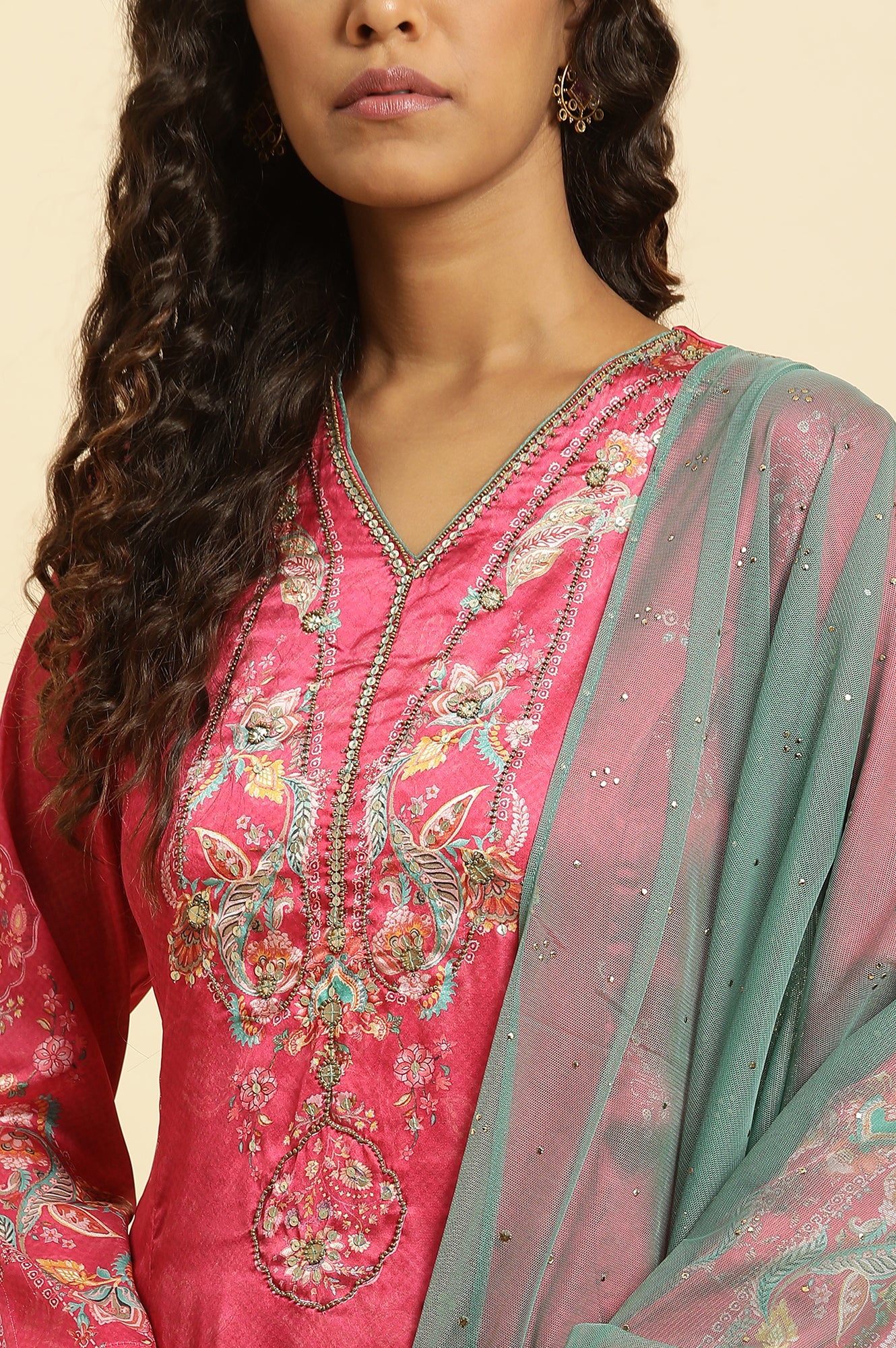 Pink Digital Printed Kurta, Pants And Dupatta Set