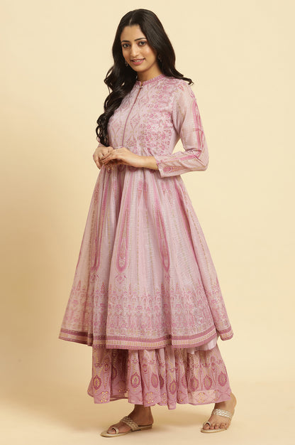 Soft Pink Panelled Layered Gown And Dupatta Set