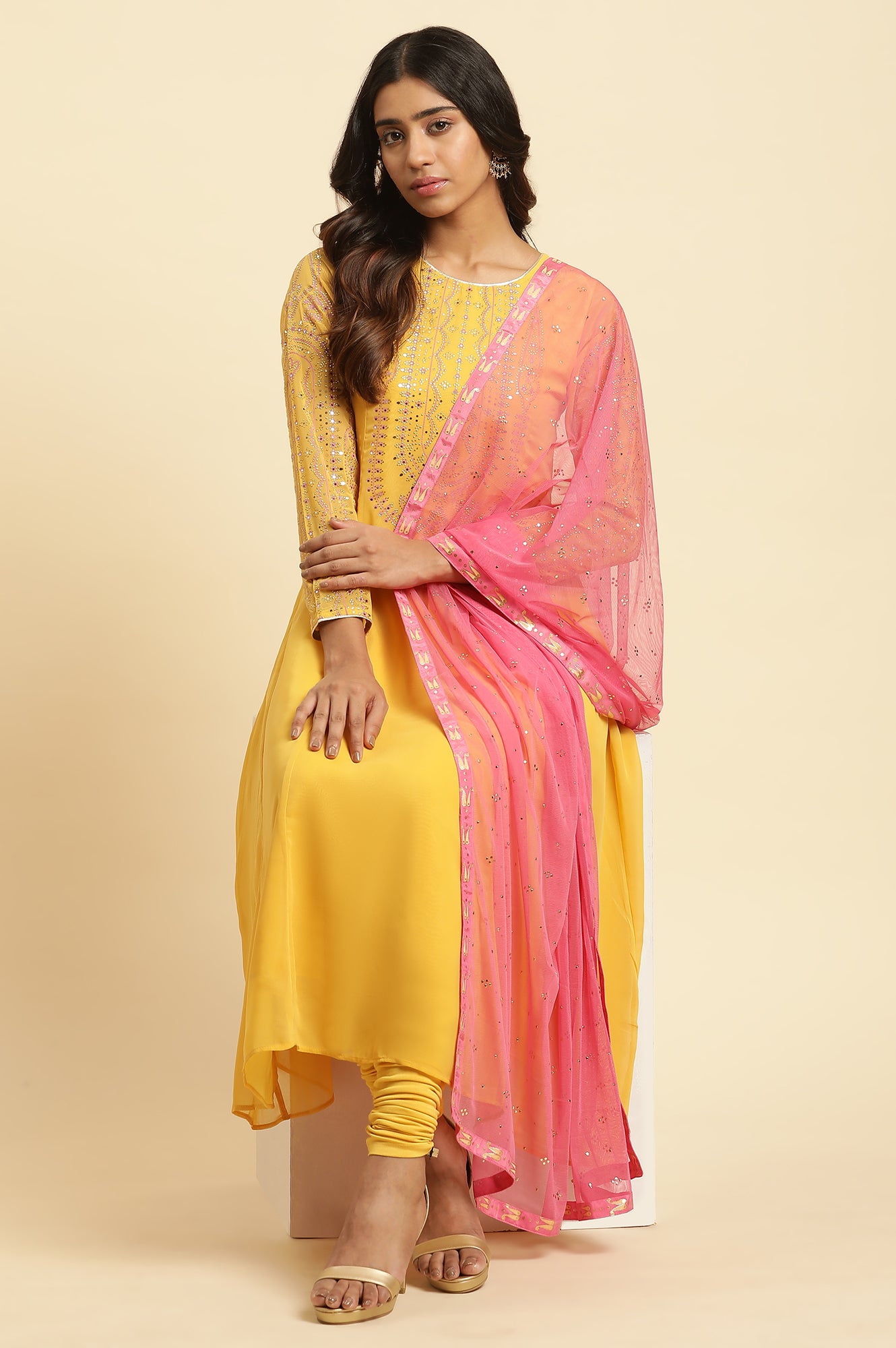 Yellow Embroidered Kurta, Tights &amp; Dupatta Set