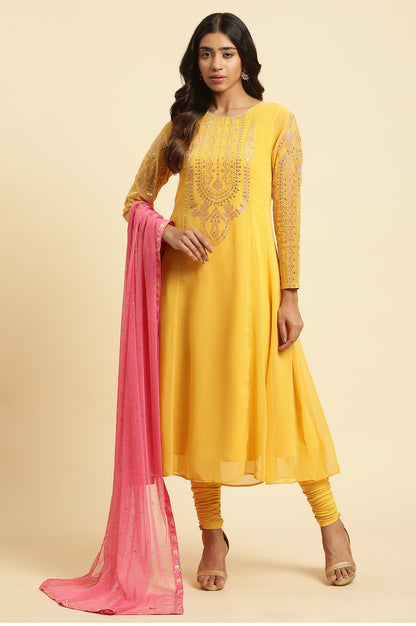 Yellow Embroidered Kurta, Tights &amp; Dupatta Set