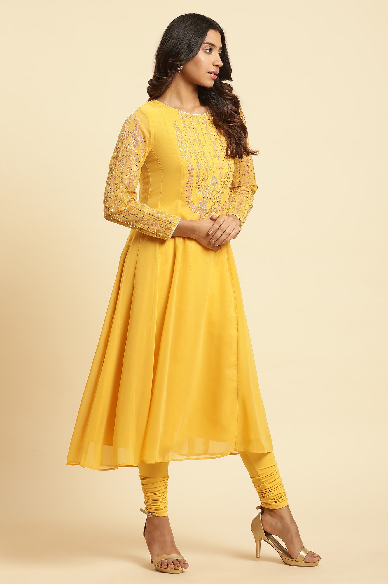 Yellow Embroidered Kurta, Tights &amp; Dupatta Set