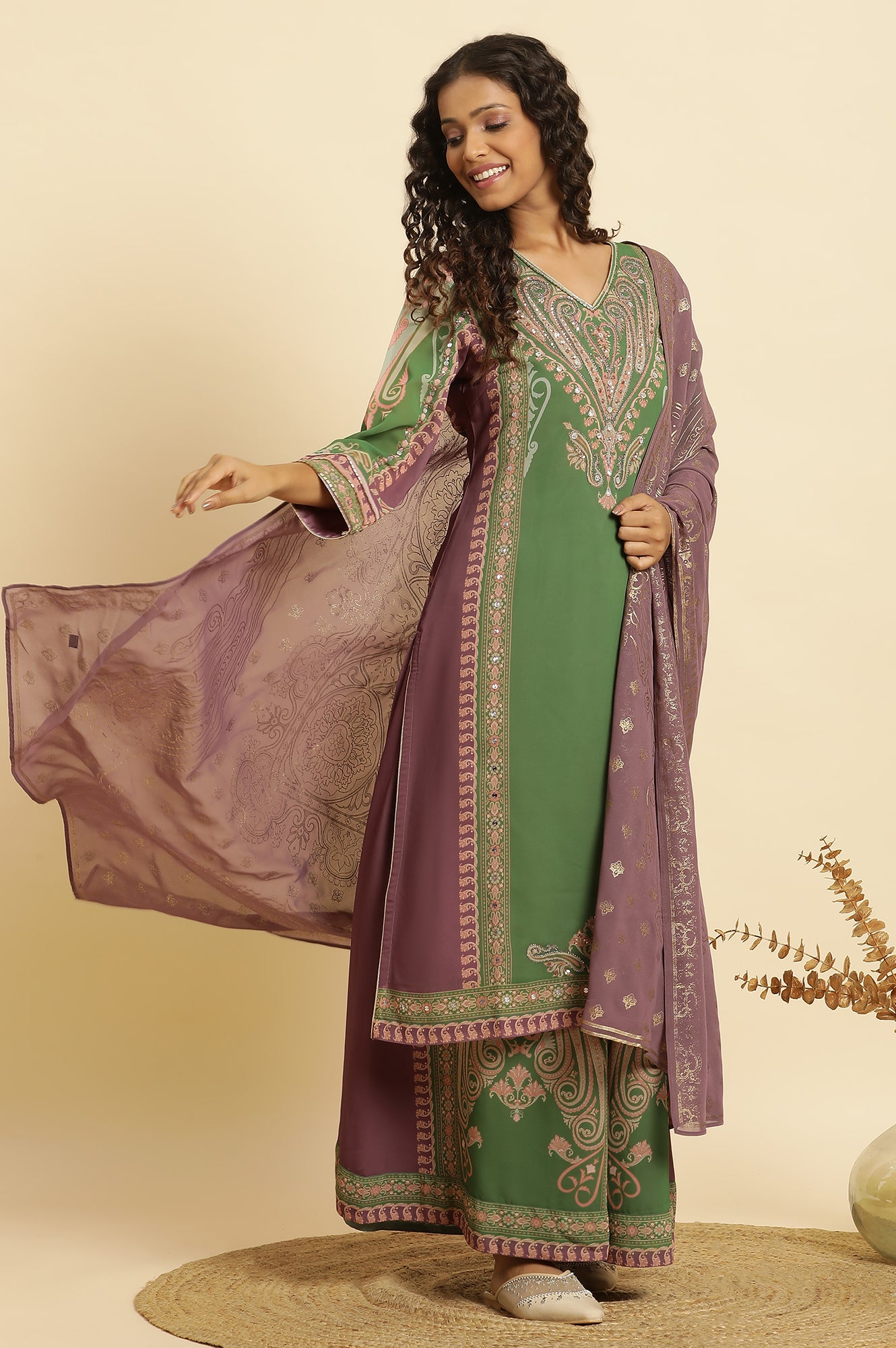 Green Placement Printed Georgette Kurta, Pants And Dupatta Set