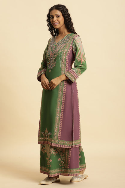 Green Placement Printed Georgette Kurta, Pants And Dupatta Set