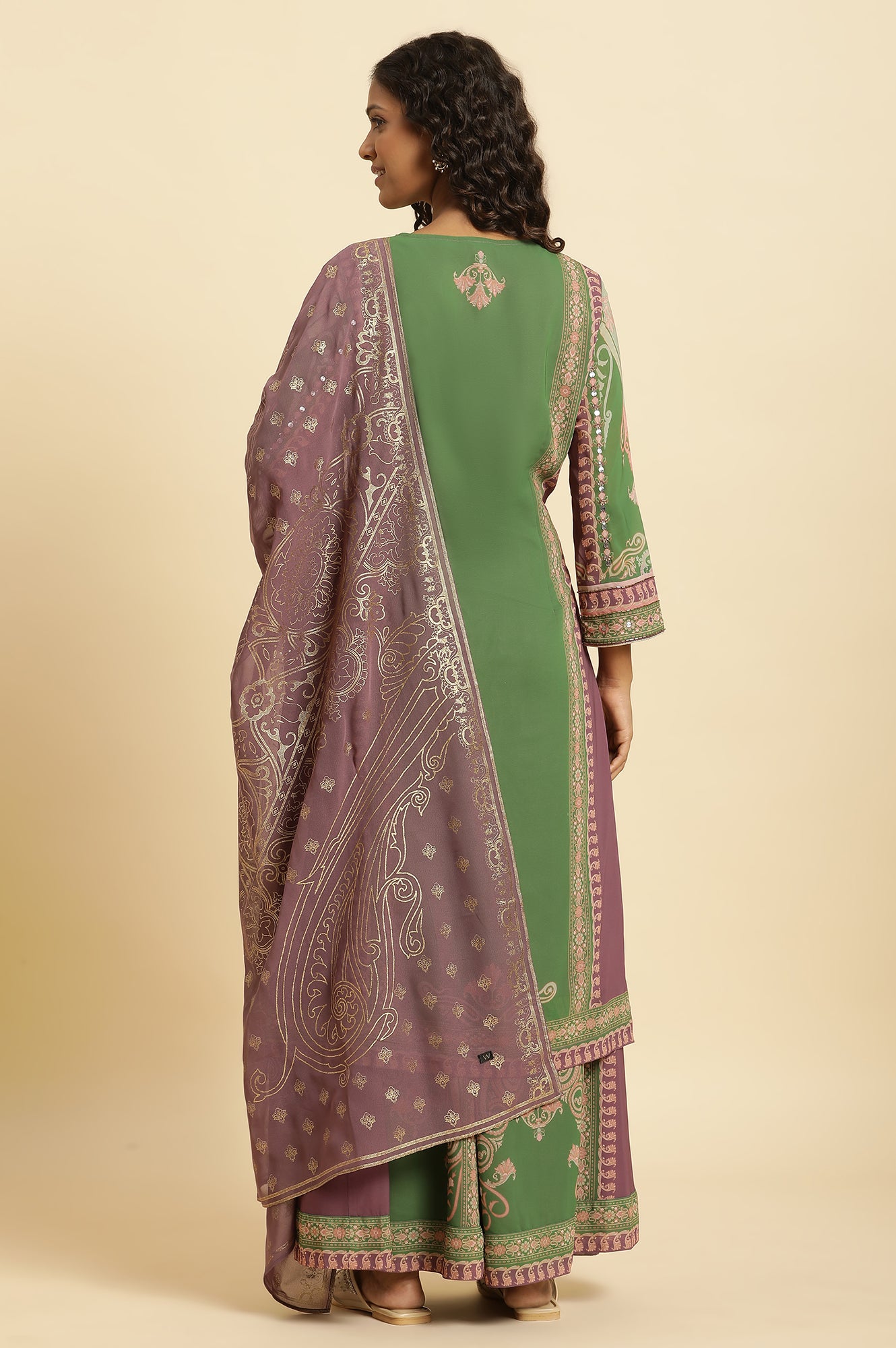 Green Placement Printed Georgette Kurta, Pants And Dupatta Set