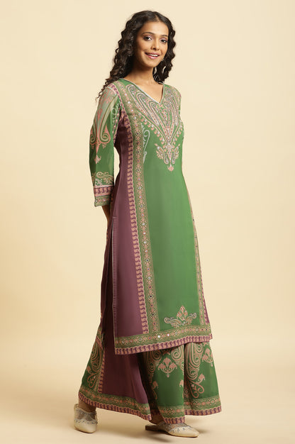 Green Placement Printed Georgette Kurta, Pants And Dupatta Set