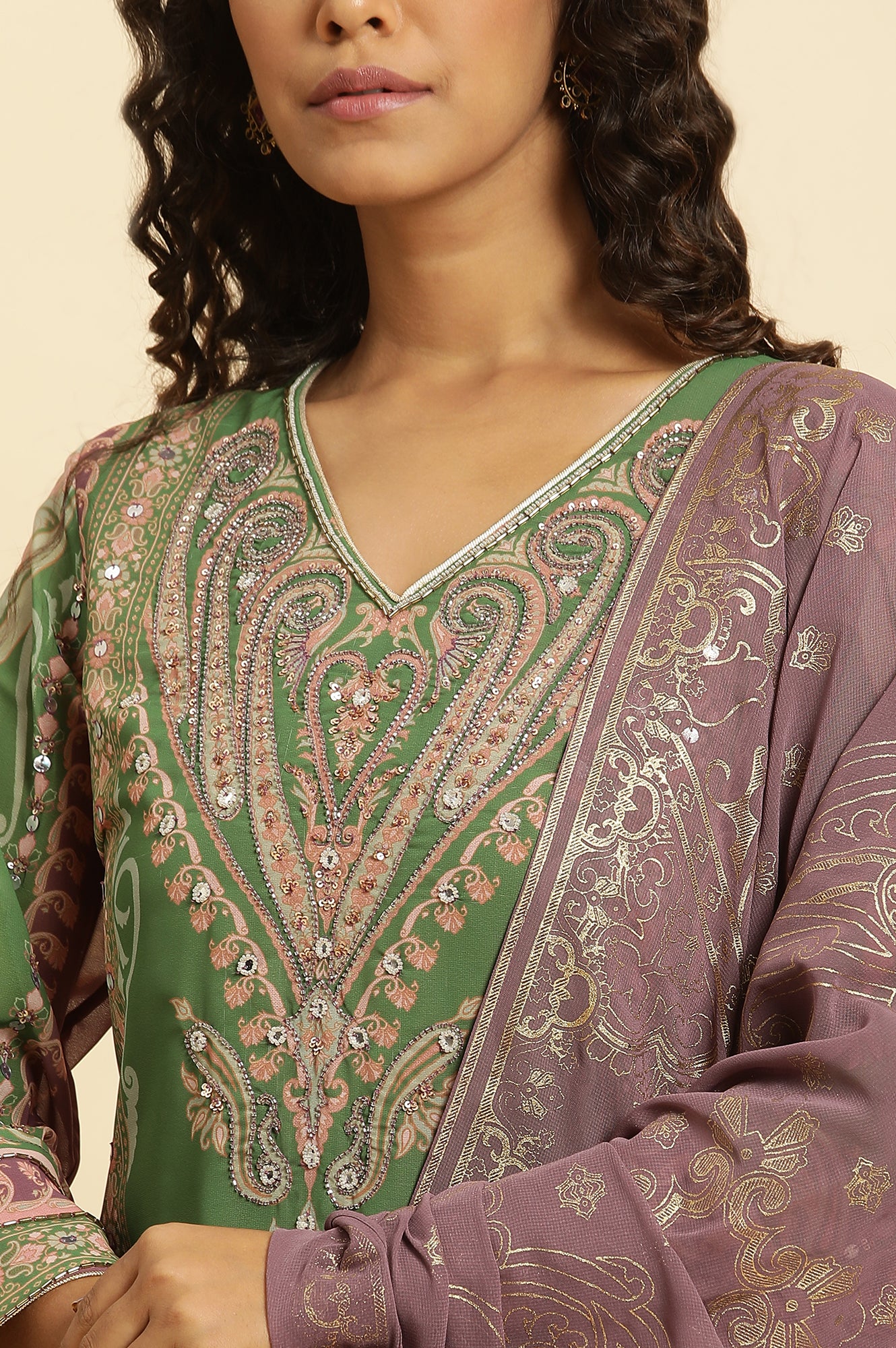 Green Placement Printed Georgette Kurta, Pants And Dupatta Set