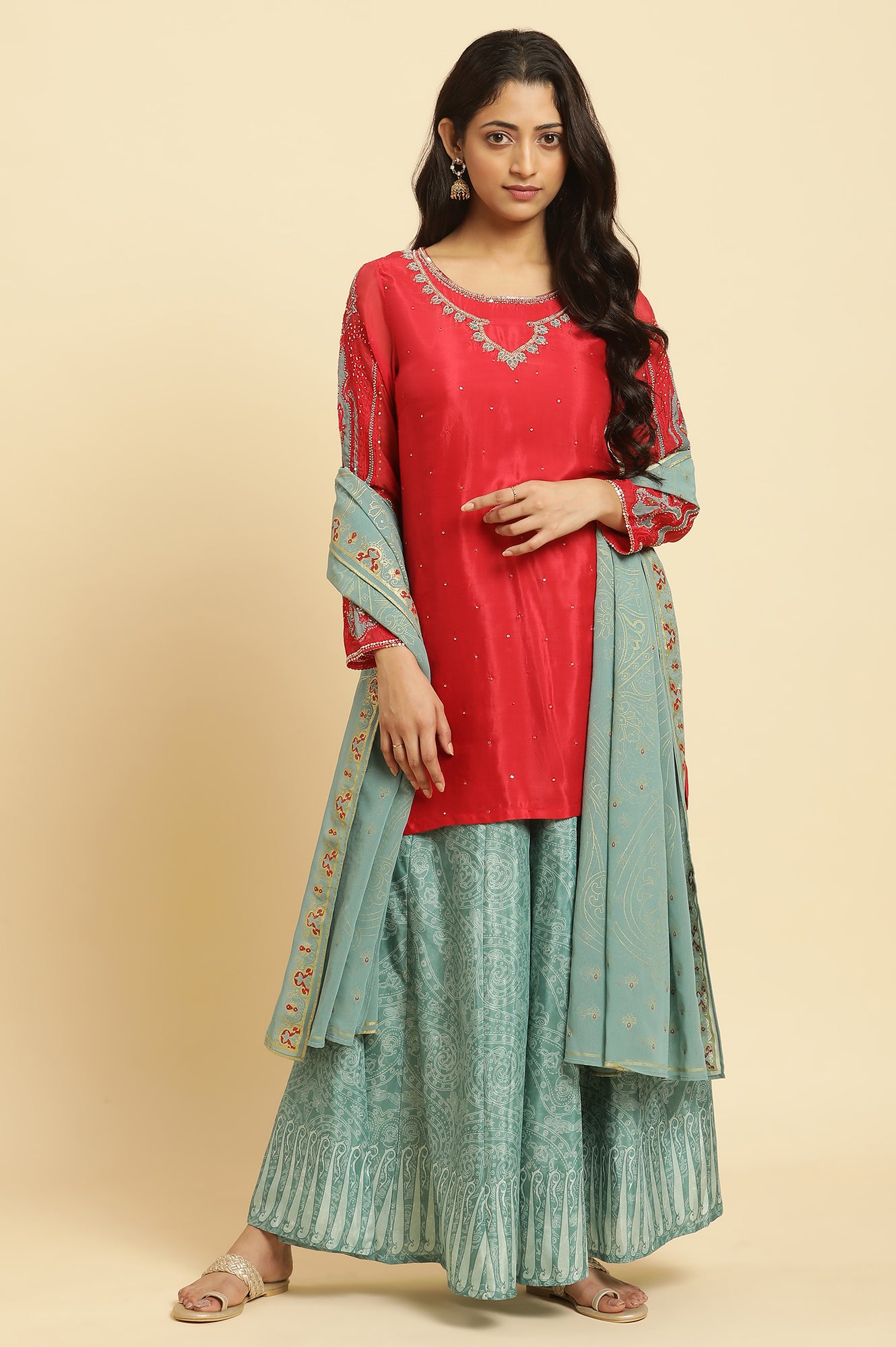 Red Embellished Short Kurta, Sharara And Dupatta Festive Set