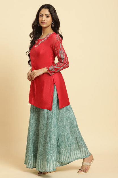 Red Embellished Short Kurta, Sharara And Dupatta Festive Set