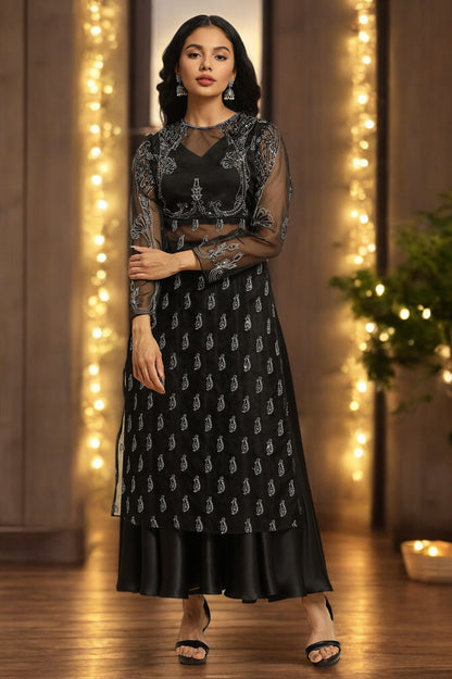 Black Zari Embroidered Sheer Kurta And Skirt Set