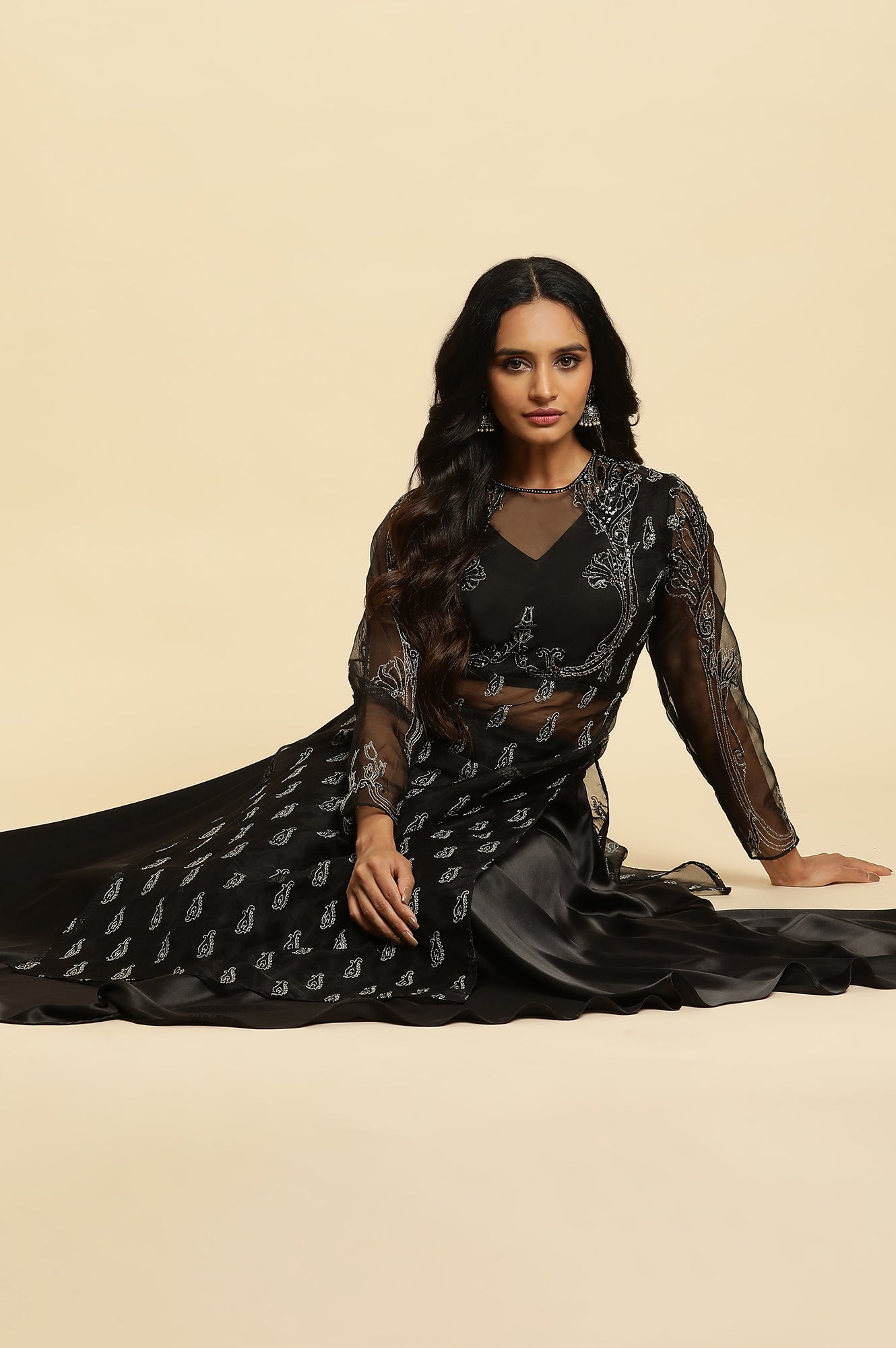 Black Zari Embroidered Sheer Kurta And Skirt Set