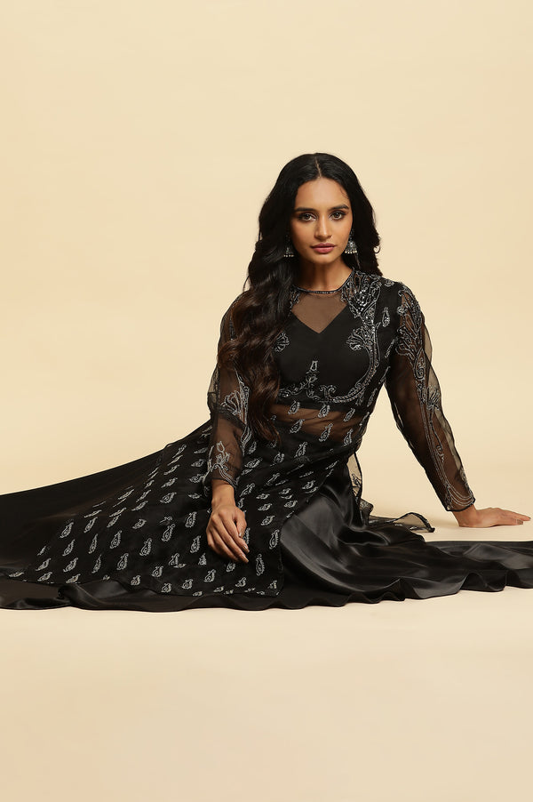 Black Zari Embroidered Sheer Straight Kurta and Skirt Set