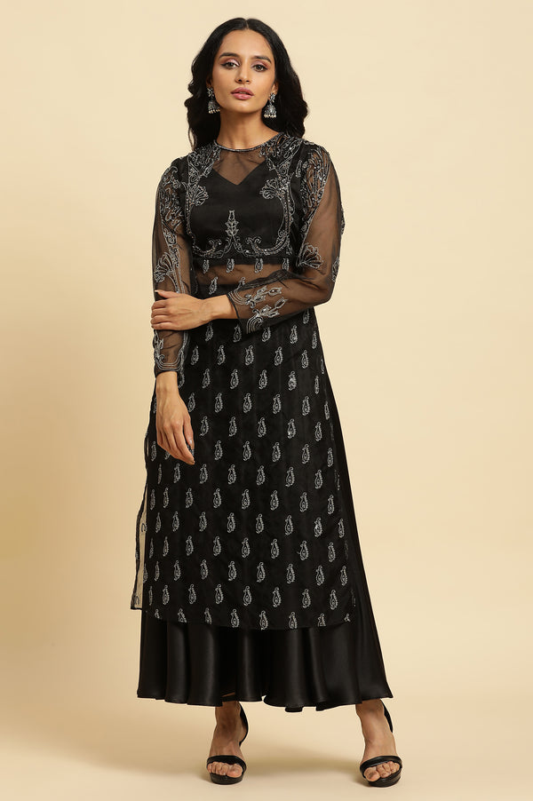 Black Zari Embroidered Sheer Straight Kurta and Skirt Set