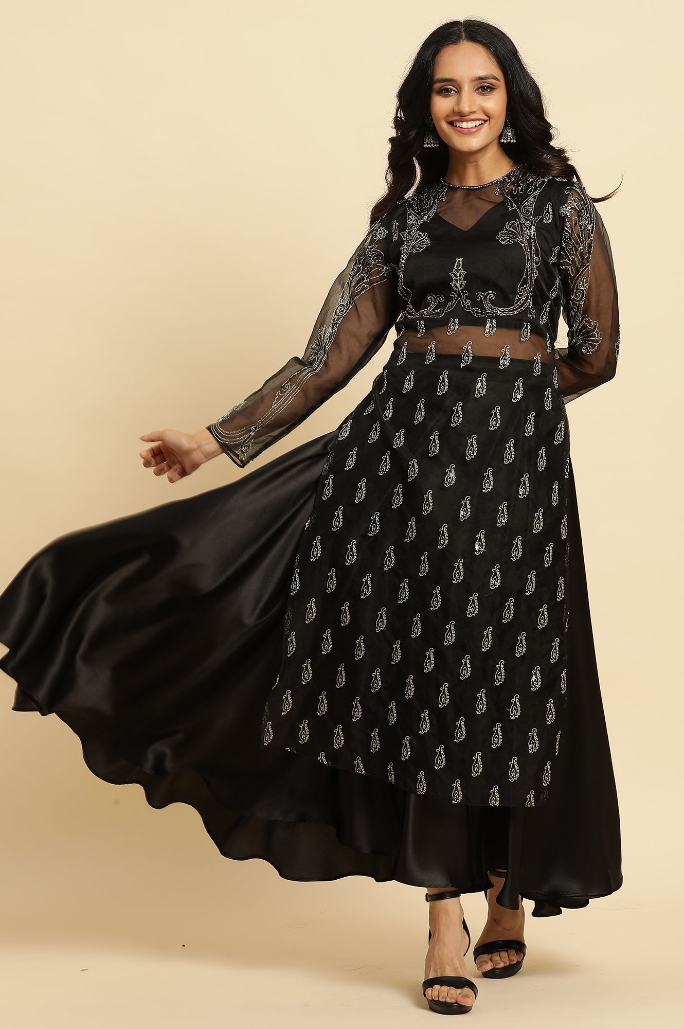 Black Zari Embroidered Sheer Kurta And Skirt Set