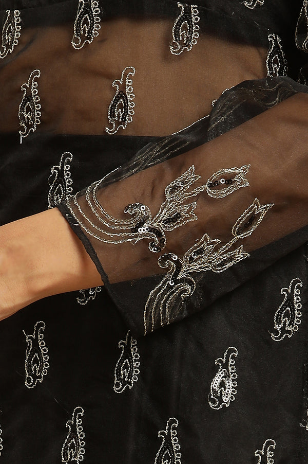 Black Zari Embroidered Sheer Straight Kurta and Skirt Set