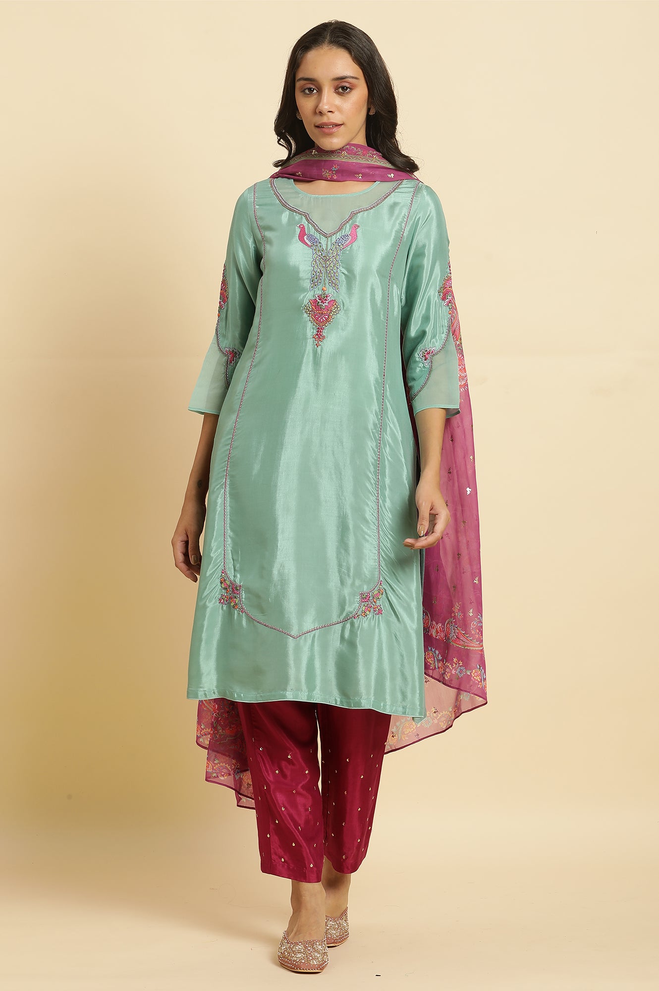 Seas Green Embroidered Kurta, Pants &amp; Dupatta Set