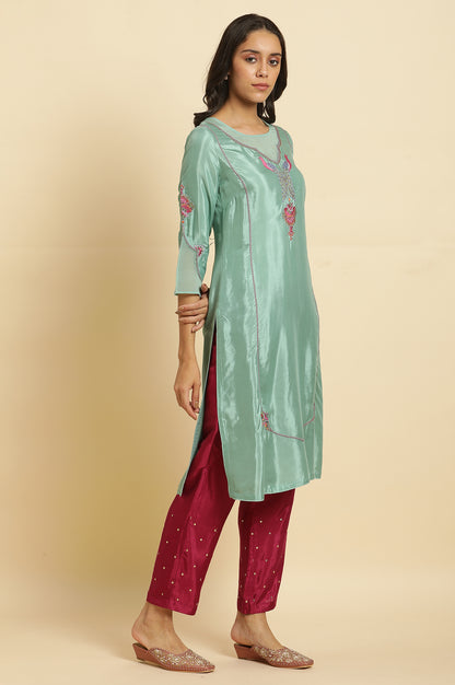 Seas Green Embroidered Kurta, Pants &amp; Dupatta Set