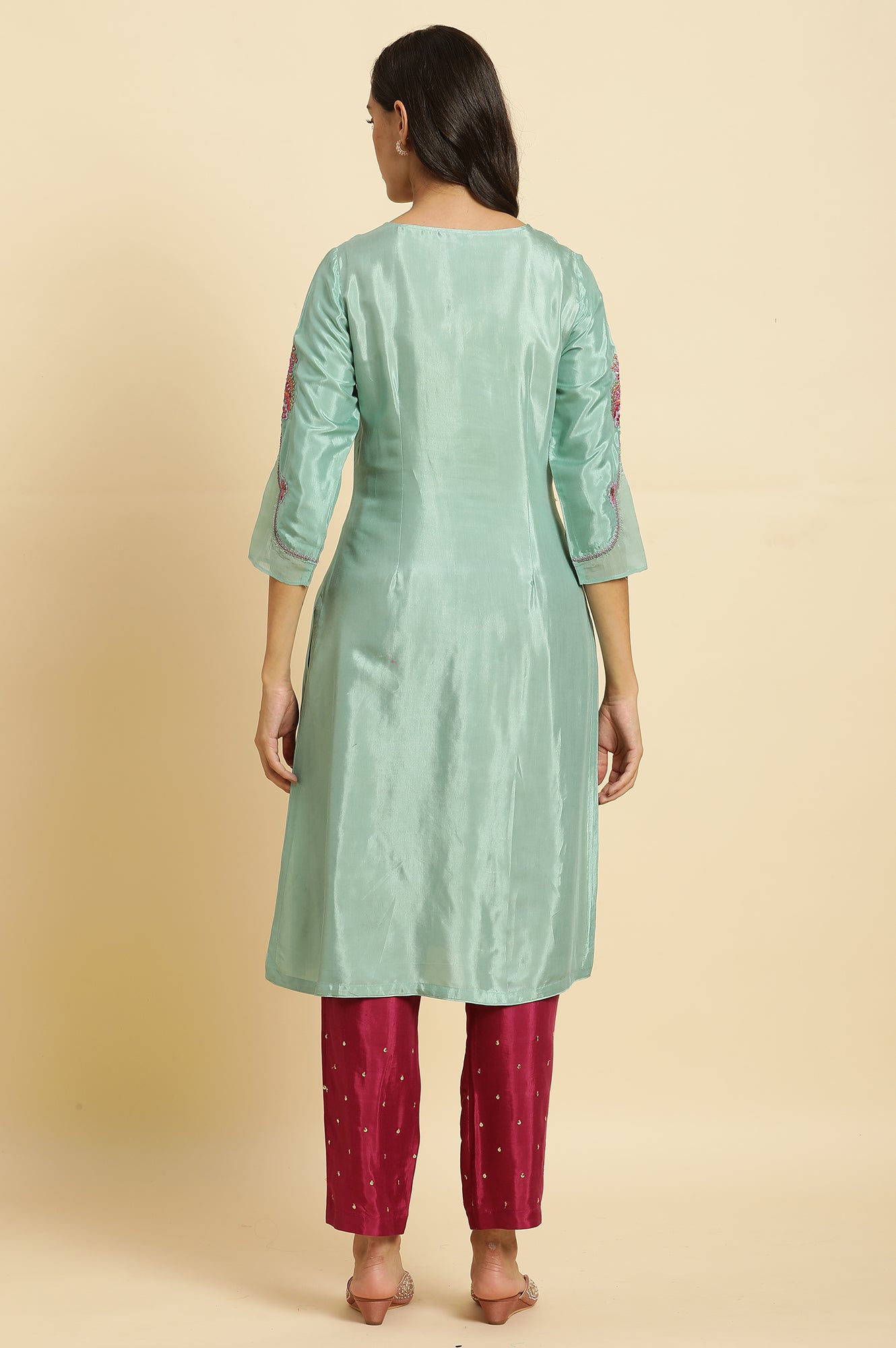 Seas Green Embroidered Kurta, Pants &amp; Dupatta Set