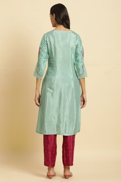 Seas Green Embroidered Kurta, Pants &amp; Dupatta Set