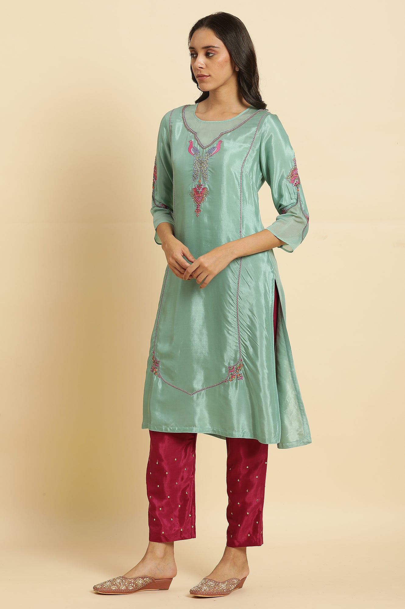 Seas Green Embroidered Kurta, Pants &amp; Dupatta Set