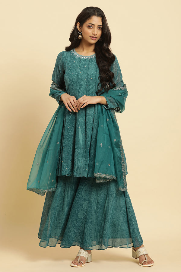 Green Print-On-Printed Embellished Flared Kurta, Sharara And Dupatta Set