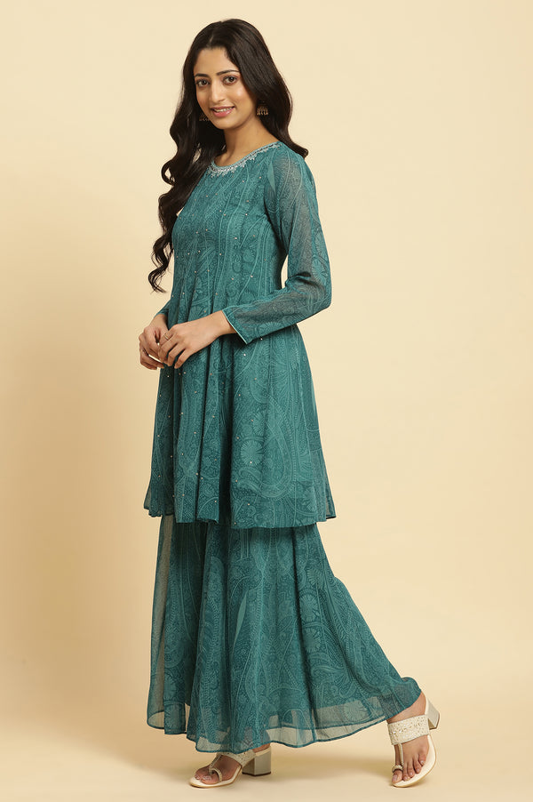 Green Print-On-Printed Embellished Flared Kurta, Sharara And Dupatta Set