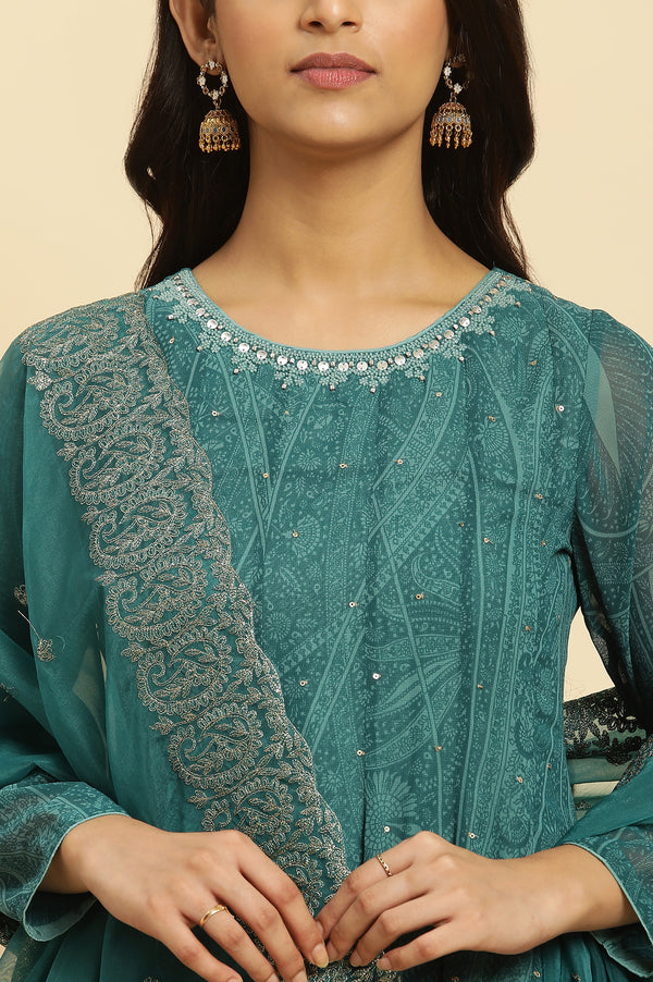 Green Print-On-Printed Embellished Flared Kurta, Sharara And Dupatta Set
