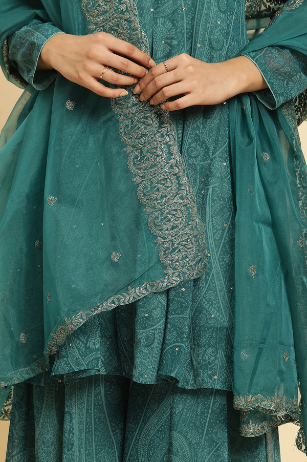 Green Print-On-Printed Embellished Flared Kurta, Sharara And Dupatta Set