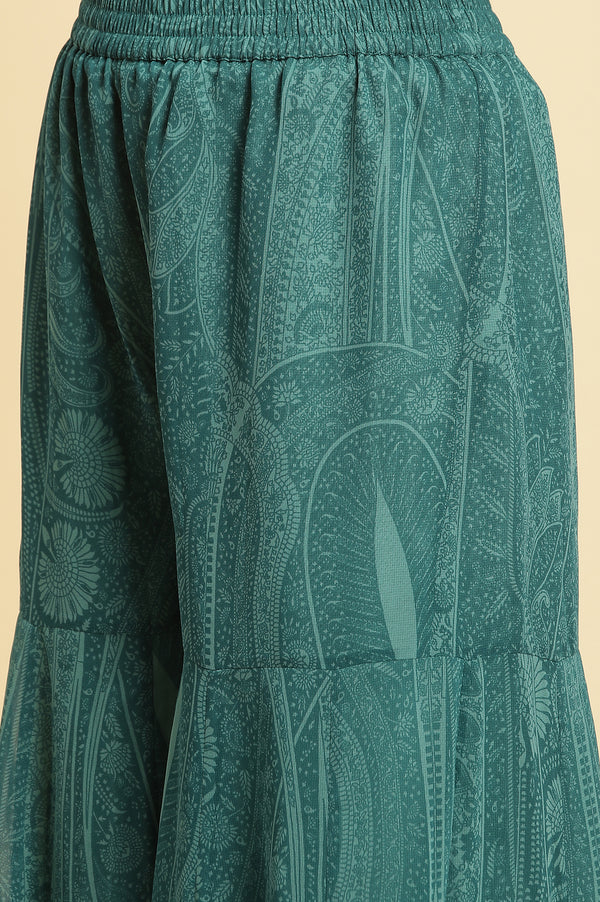 Green Print-On-Printed Embellished Flared Kurta, Sharara And Dupatta Set