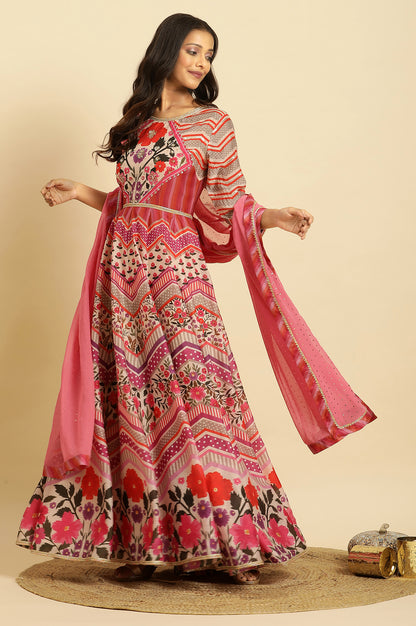 Multi-Coloured Floral Printed Anarkali Dress And Dupatta Set