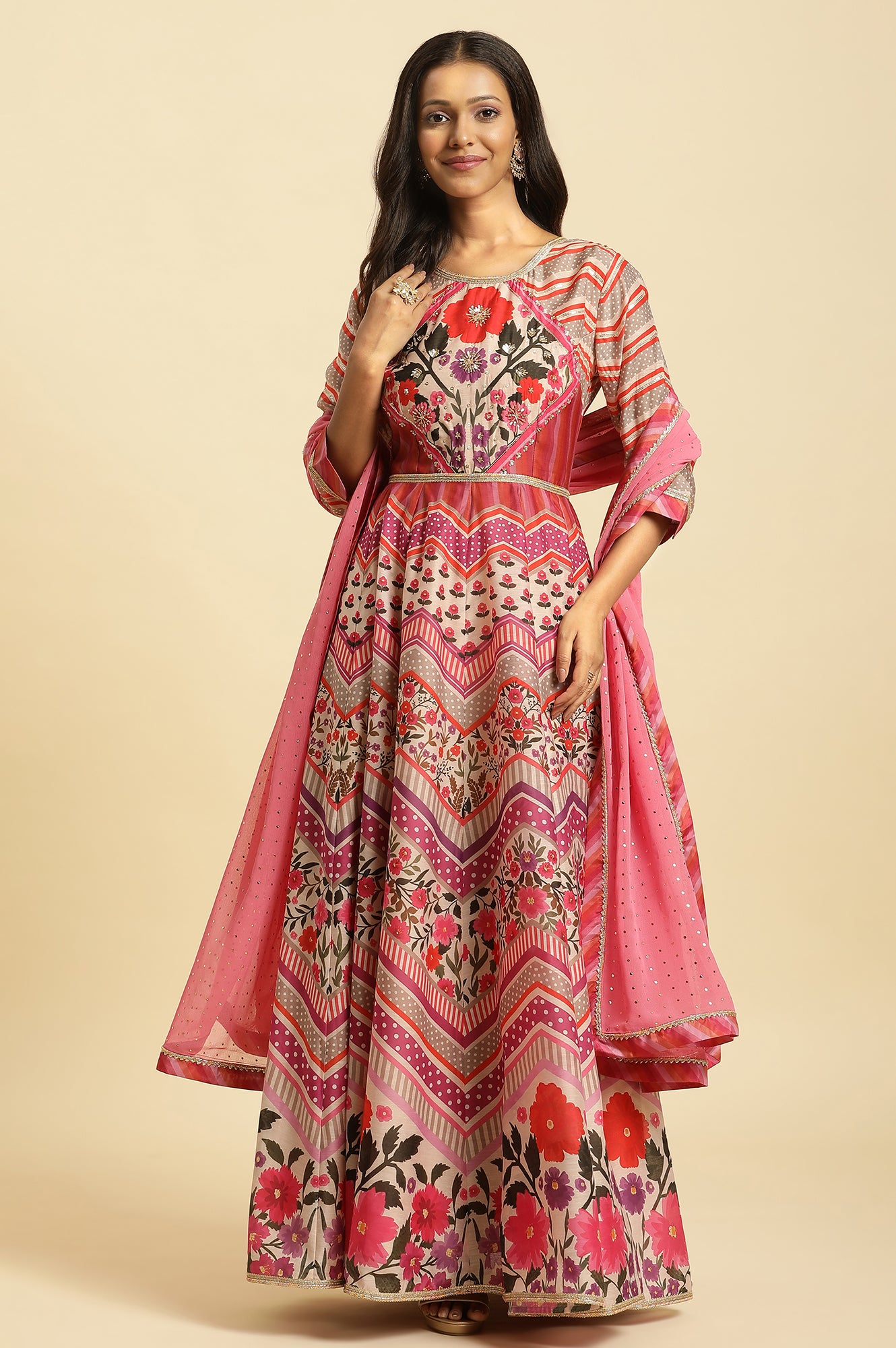 Multi-Coloured Floral Printed Anarkali Dress And Dupatta Set