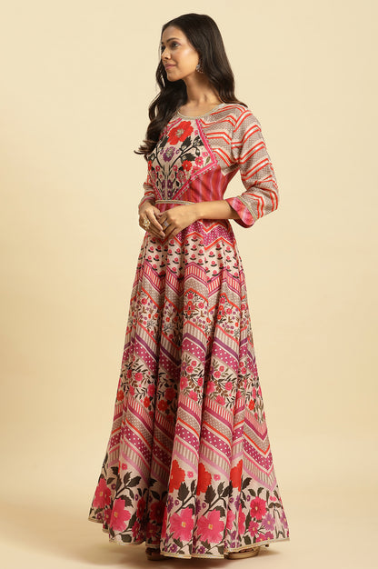 Multi-Coloured Floral Printed Anarkali Dress And Dupatta Set