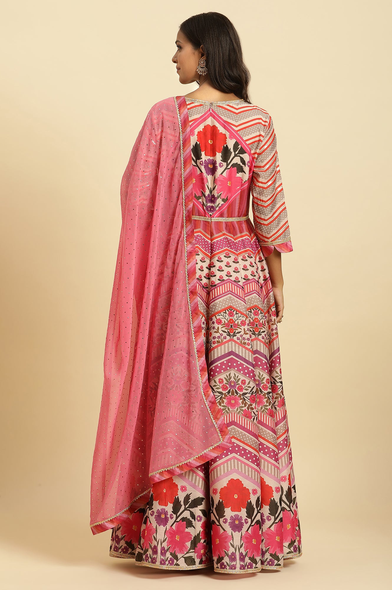 Multi-Coloured Floral Printed Anarkali Dress And Dupatta Set